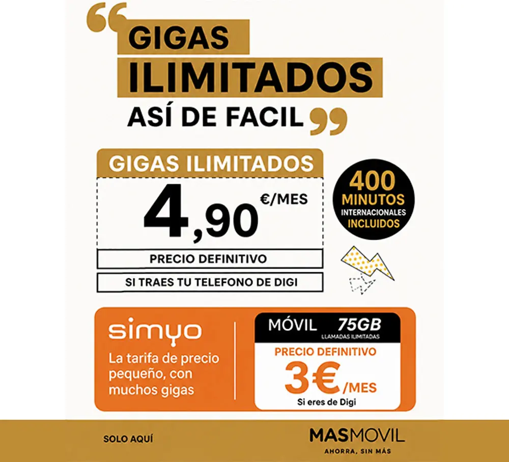Oferta tarifa simyo gigas ilimitados en Pineda de Mar